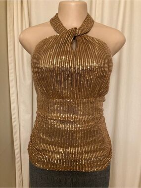 Grace Karin Gold One-Shoulder Sequin Halter Top